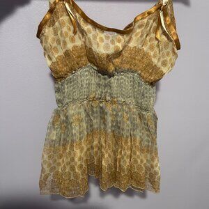 Beyman size large silk tank top with tan and light blue patterns